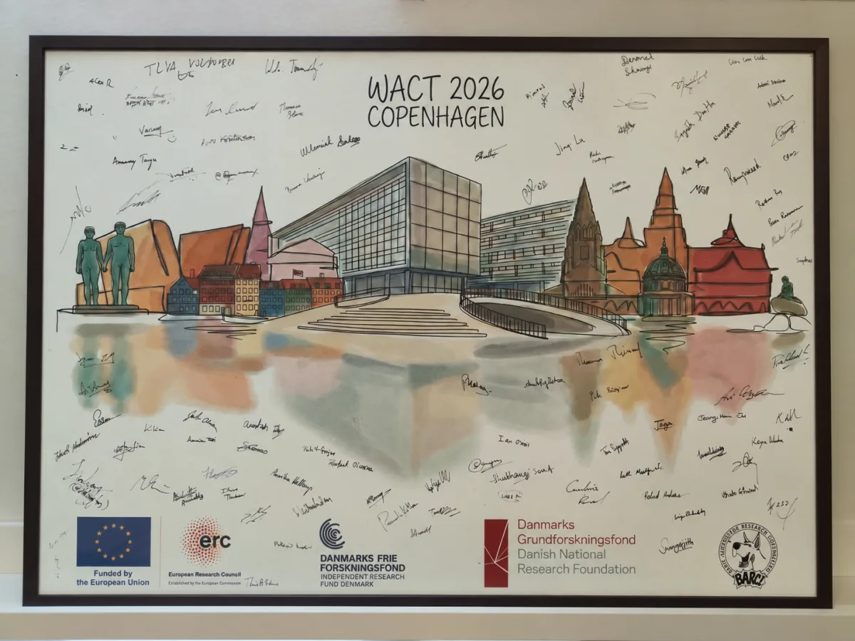 Framed WACT 2026 Copenhagen poster with illustrated city landmarks surrounded by participants’ signatures.